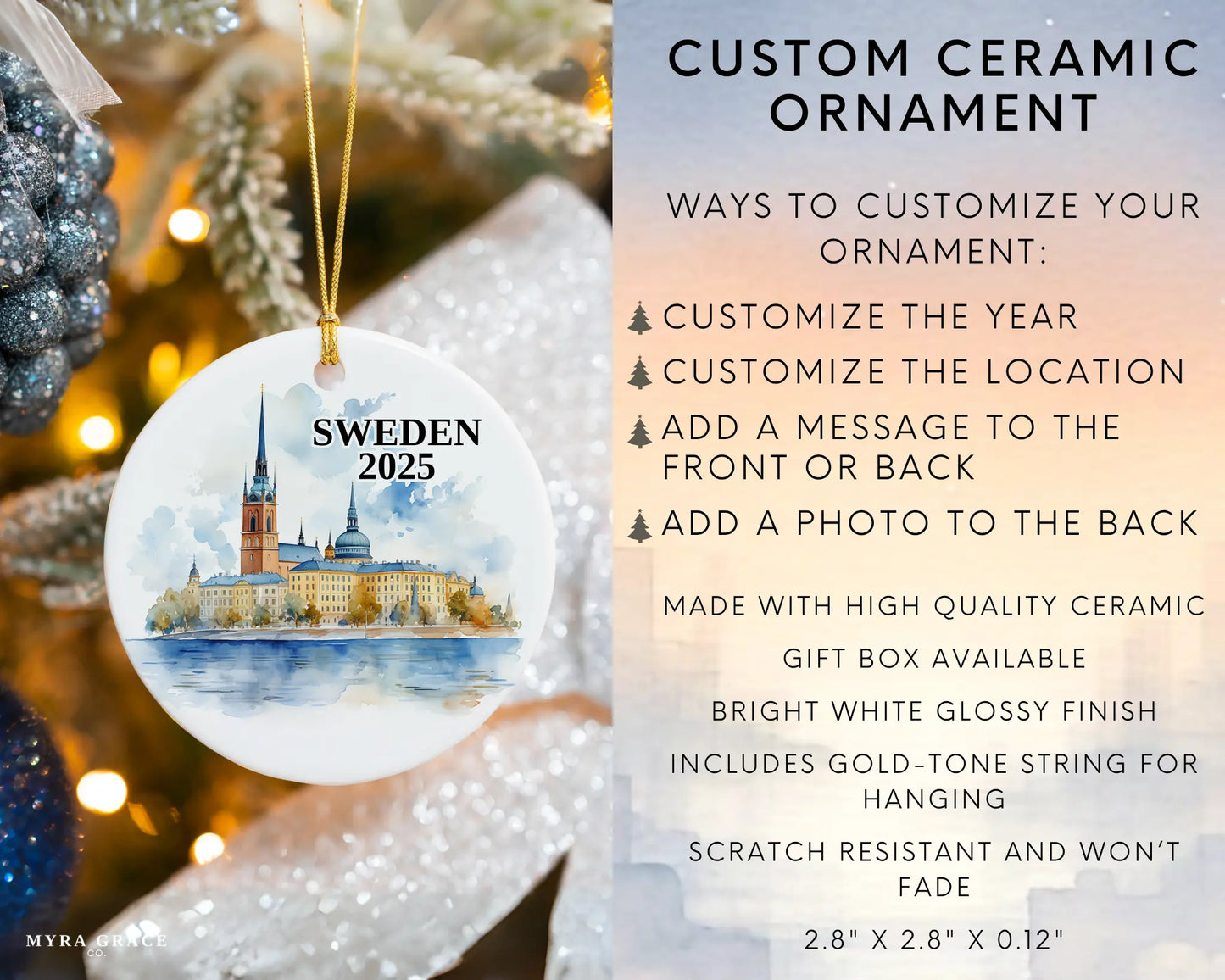 Custom Sweden ceramic photo ornament with personalized message – handmade Christmas bauble, gift souvenir, or vacation keepsake. Infographic