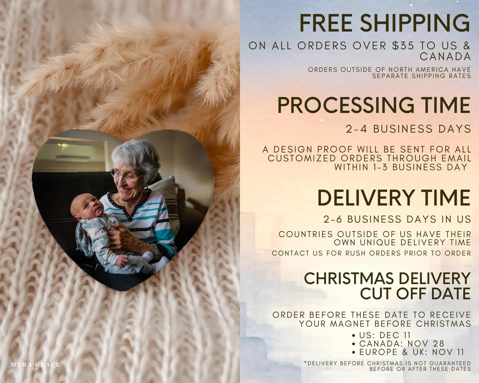 Heart-shaped custom grandma ceramic photo magnet on fridge – handmade personalized gift or Christmas fridge magnet. Free shipping