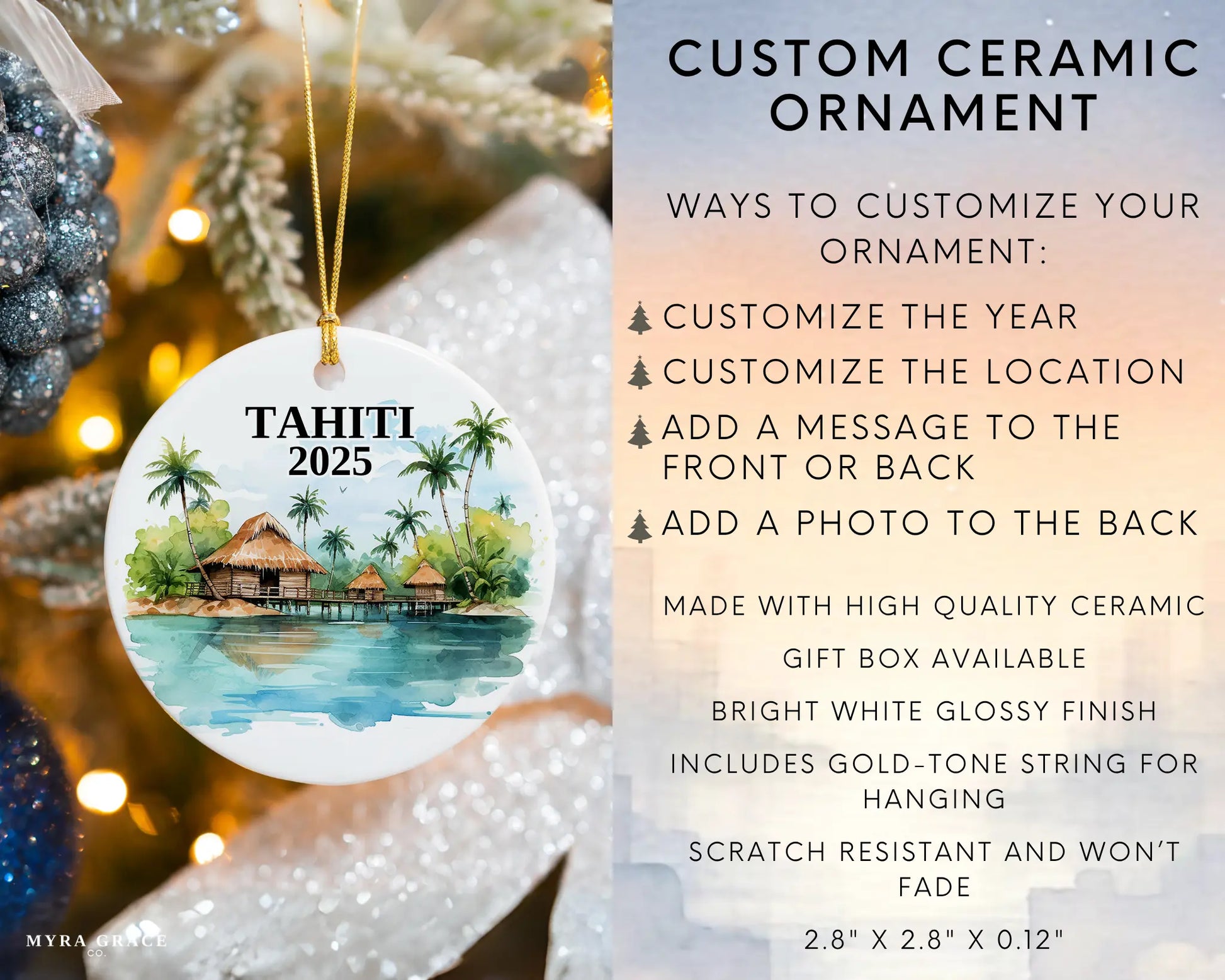 Custom Tahiti ceramic photo ornament with personalized message – handmade Christmas bauble, gift souvenir, or vacation keepsake. Infographic