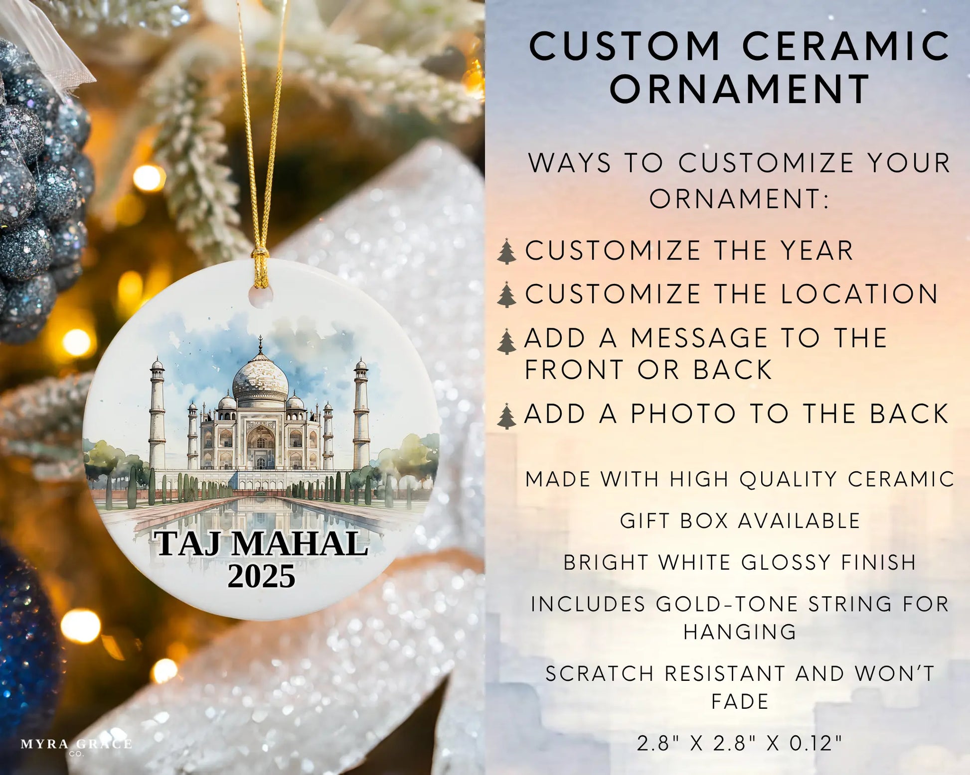 Custom Taj Mahal ceramic photo ornament with personalized message – handmade Christmas bauble, gift souvenir, or vacation keepsake. Infographic