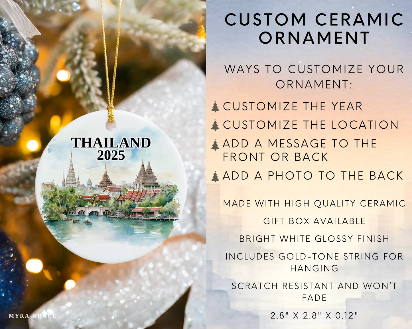 Custom Thailand ceramic photo ornament with personalized message – handmade Christmas bauble, gift souvenir, or vacation keepsake. Infographic