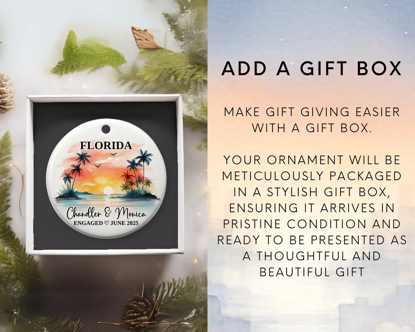 Florida Engagement Ornament Custom Gift Souvenir Bauble Present. Add gift box