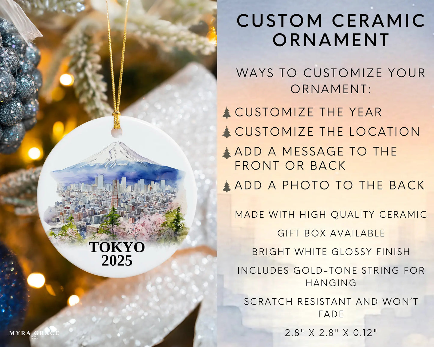 Custom Tokyo Japan ceramic photo ornament with personalized message – handmade Christmas bauble, gift souvenir, or vacation keepsake. Infographic