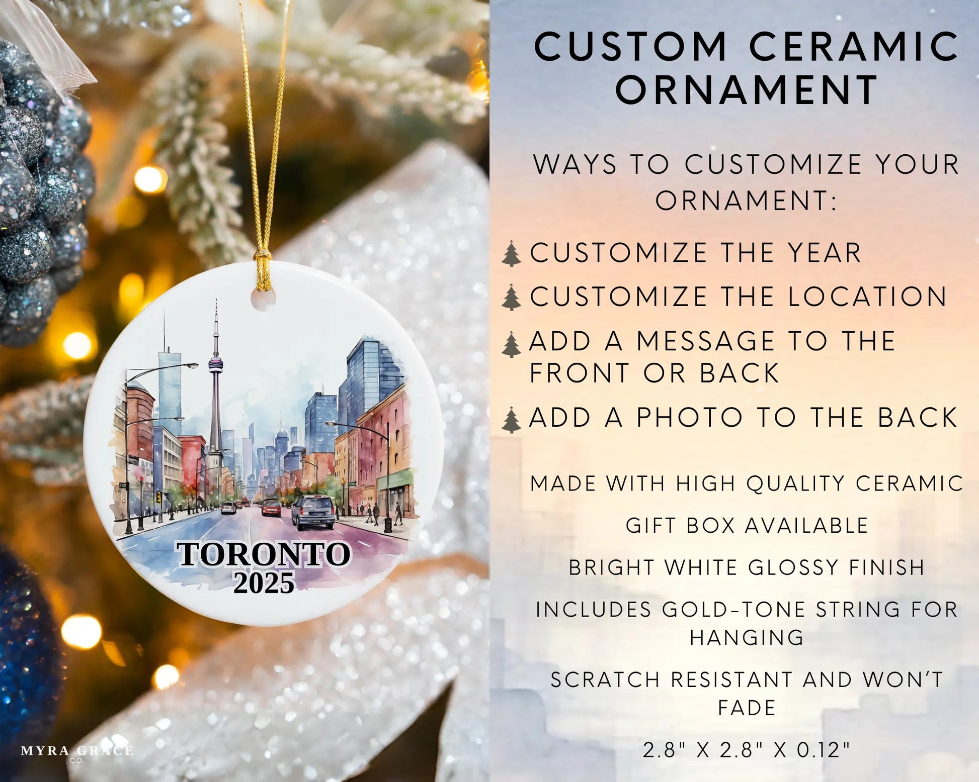 Custom Toronto Canada ceramic photo ornament with personalized message – handmade Christmas bauble, gift souvenir, or vacation keepsake. Infographic