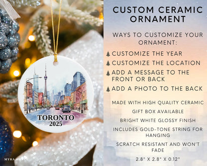 Custom Toronto Canada ceramic photo ornament with personalized message – handmade Christmas bauble, gift souvenir, or vacation keepsake. Infographic