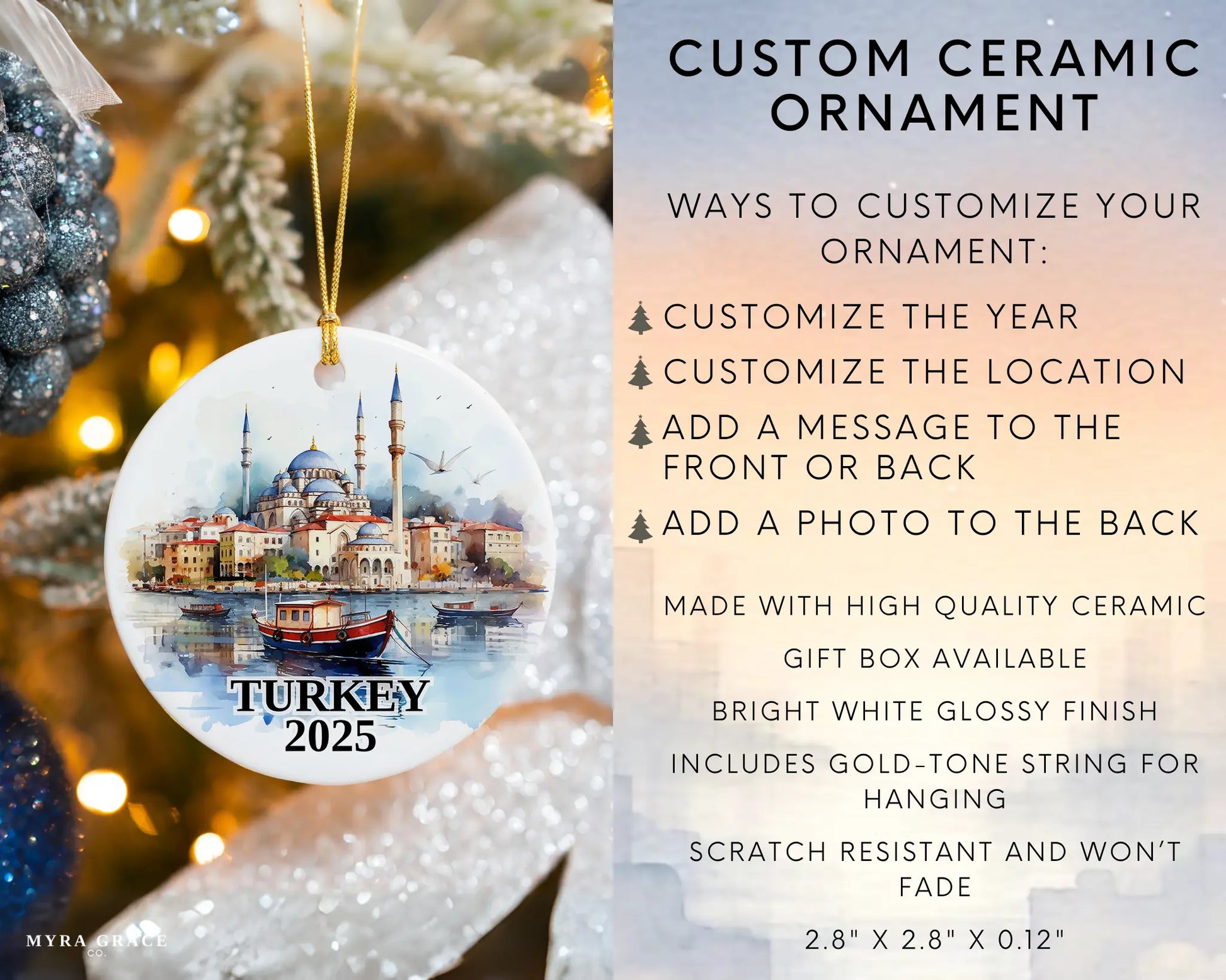 Custom Turkey ceramic photo ornament with personalized message – handmade Christmas bauble, gift souvenir, or vacation keepsake. Infographic