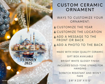 Custom Turkey ceramic photo ornament with personalized message – handmade Christmas bauble, gift souvenir, or vacation keepsake. Infographic