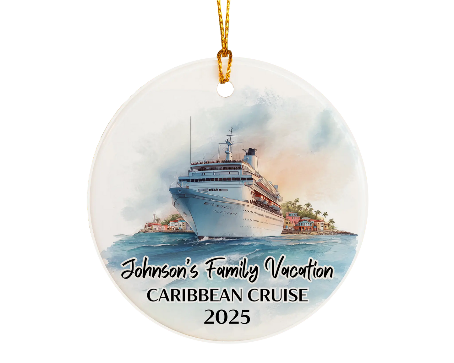 Handmade ceramic Caribbean cruise ornament with personalized location and photo – custom Christmas bauble or cruise vacation souvenir.
