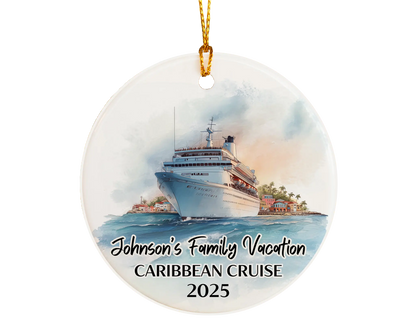 Handmade ceramic Caribbean cruise ornament with personalized location and photo – custom Christmas bauble or cruise vacation souvenir.
