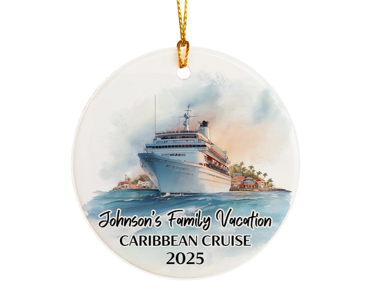 Handmade ceramic Caribbean cruise ornament with personalized location and photo – custom Christmas bauble or cruise vacation souvenir.