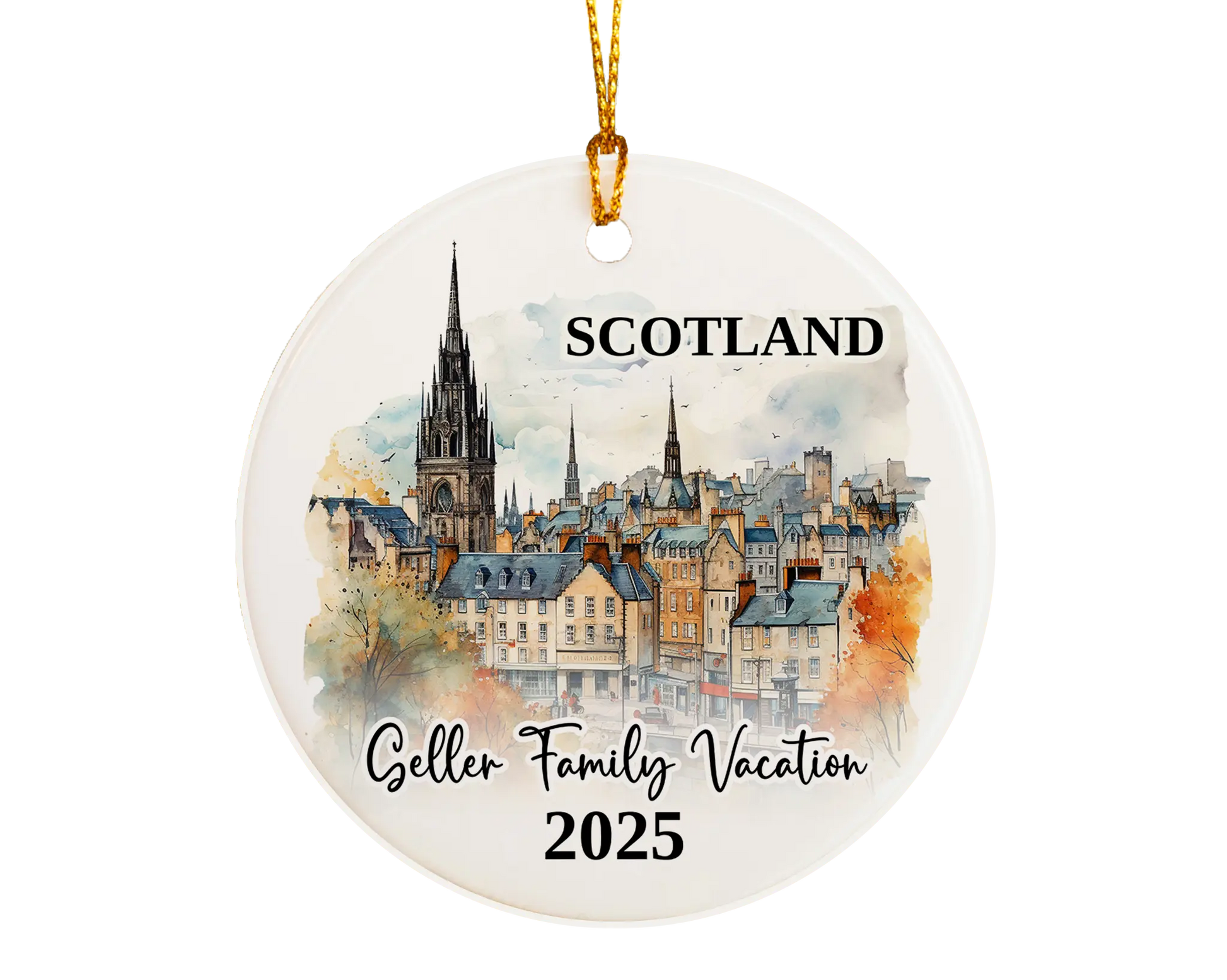 Custom vacation Scotland Edinburgh ceramic photo ornament with personalized message – handmade Christmas bauble, gift souvenir, or vacation keepsake. 
