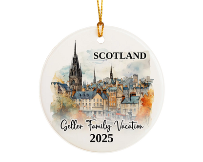 Custom vacation Scotland Edinburgh ceramic photo ornament with personalized message – handmade Christmas bauble, gift souvenir, or vacation keepsake. 