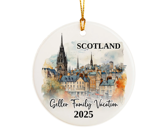 Custom vacation Scotland Edinburgh ceramic photo ornament with personalized message – handmade Christmas bauble, gift souvenir, or vacation keepsake. 