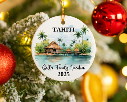 Custom vacation Tahiti ceramic photo ornament with personalized message – handmade Christmas bauble, gift souvenir, or vacation keepsake. 