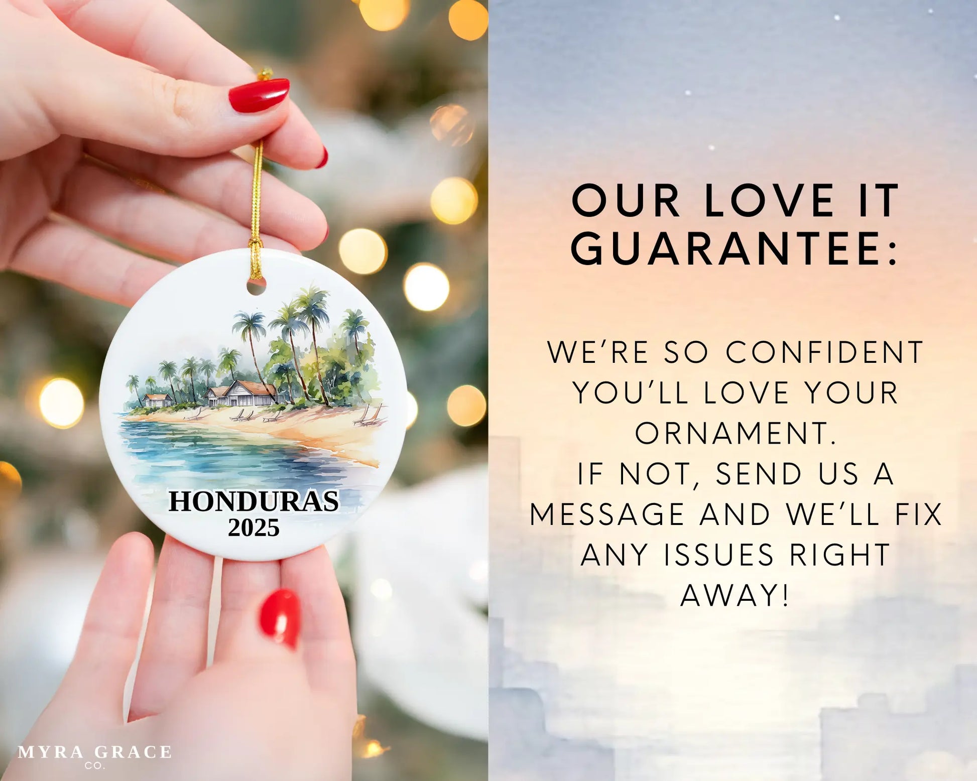 Custom Honduras ceramic photo ornament with personalized message – handmade Christmas bauble, gift souvenir, or vacation keepsake. Love it guarantee