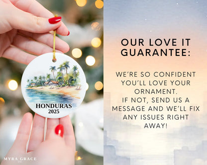 Custom Honduras ceramic photo ornament with personalized message – handmade Christmas bauble, gift souvenir, or vacation keepsake. Love it guarantee