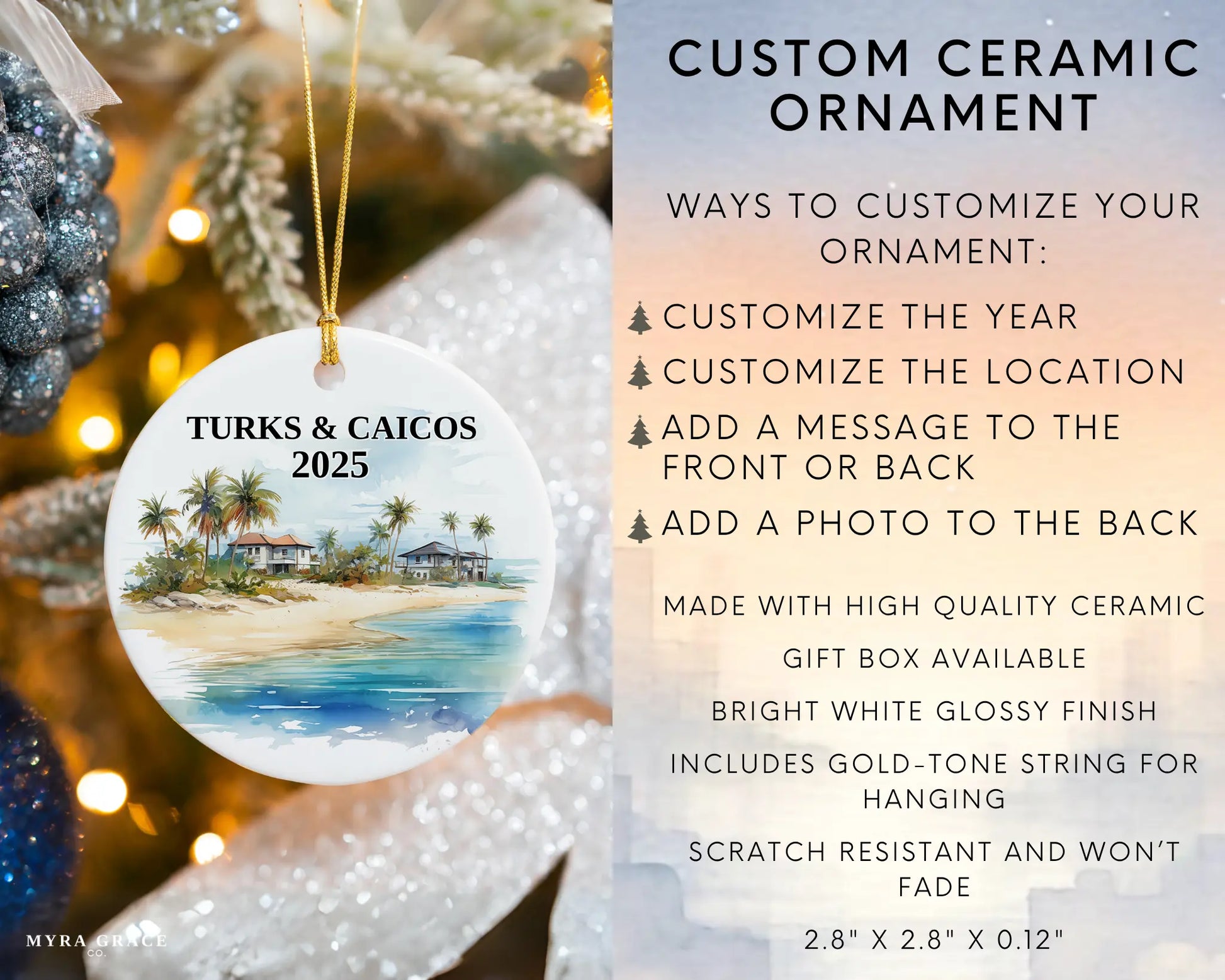 Custom Turks and Caicos ceramic photo ornament with personalized message – handmade Christmas bauble, gift souvenir, or vacation keepsake. Infographic