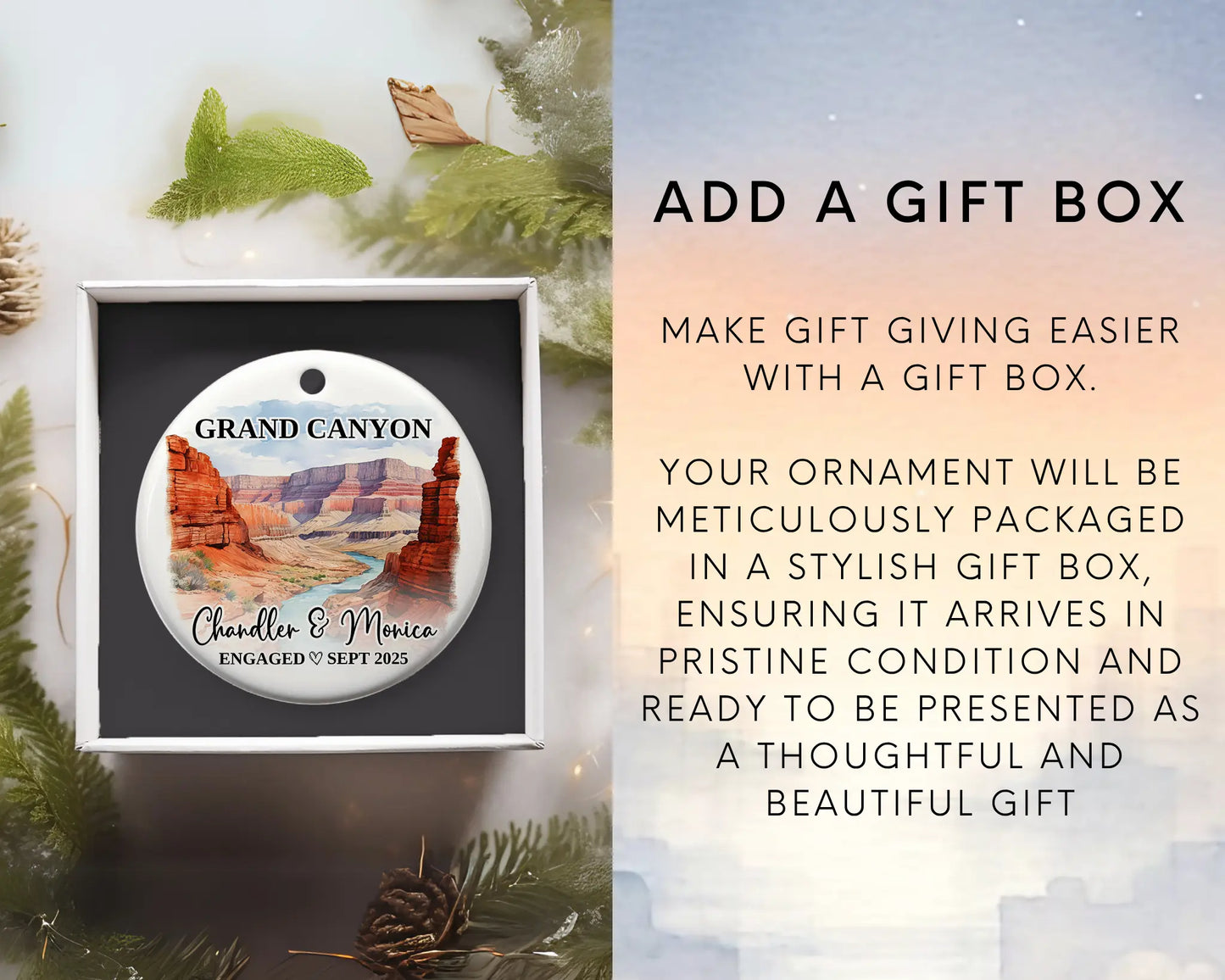 Grand Canyon Engagement Ornament Custom Gift Souvenir Bauble Present. Add gift box