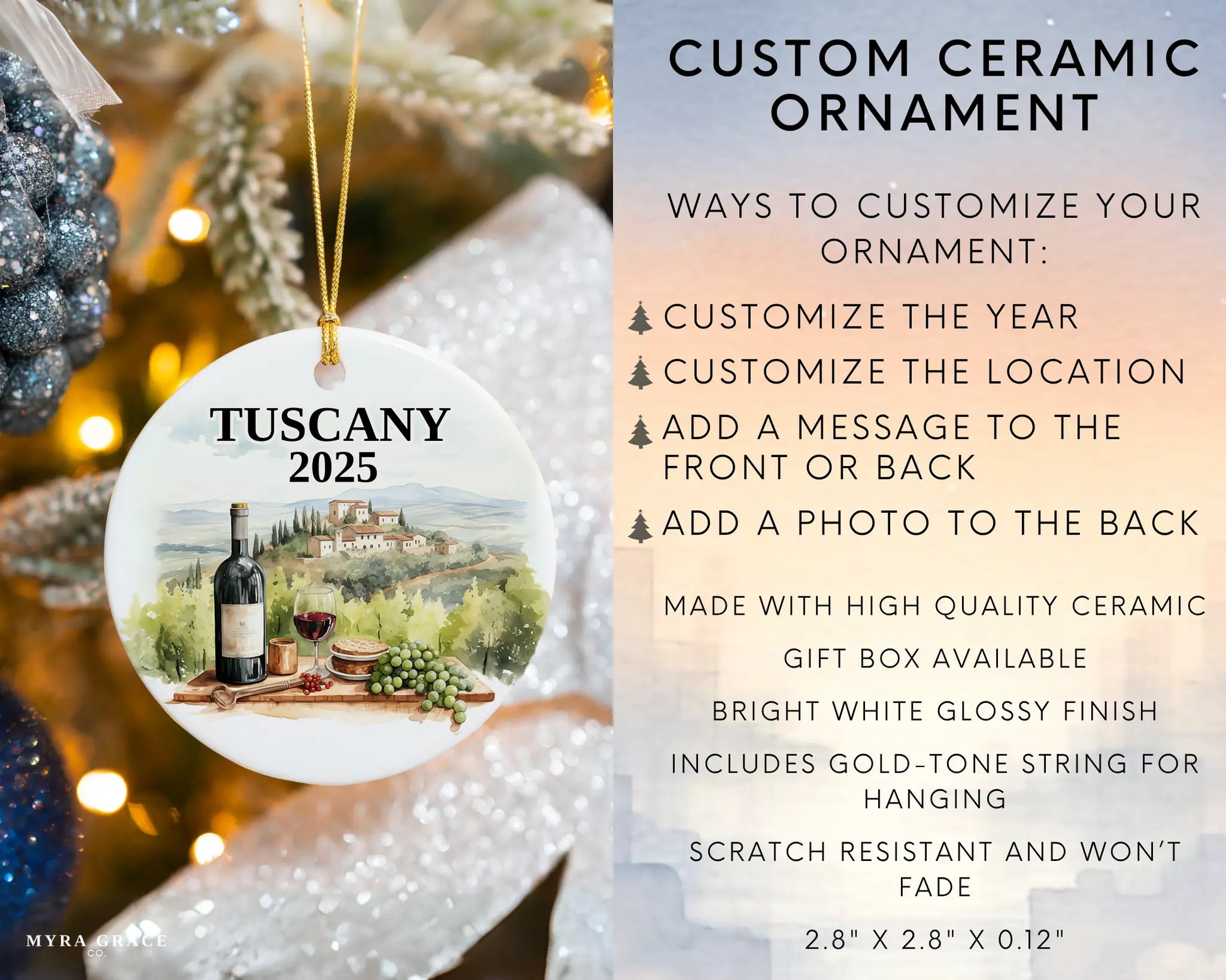 Custom Tuscany Italy Vineyard ceramic photo ornament with personalized message – handmade Christmas bauble, gift souvenir, or vacation keepsake. Infographic