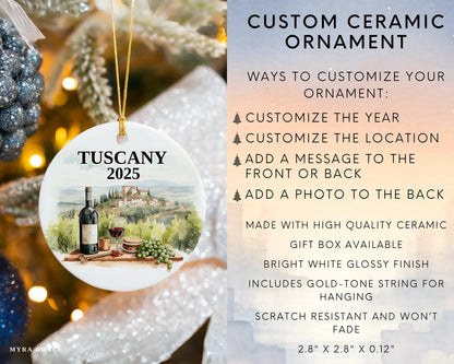 Custom Tuscany Italy Vineyard ceramic photo ornament with personalized message – handmade Christmas bauble, gift souvenir, or vacation keepsake. Infographic