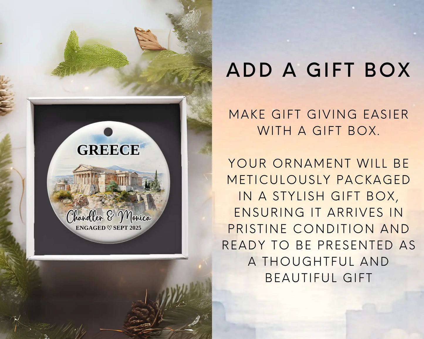 Greece Engagement Ornament Custom Gift Souvenir Bauble Present. Add gift box