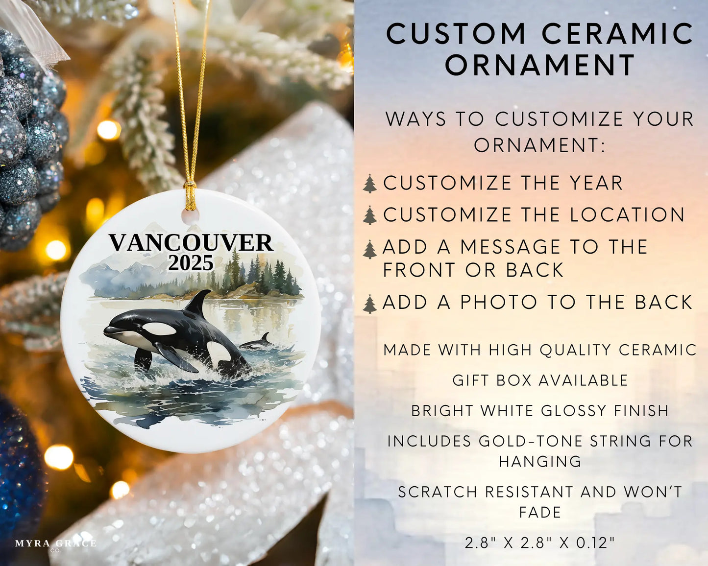Custom Vancouver Canada Orca ceramic photo ornament with personalized message – handmade Christmas bauble, gift souvenir, or vacation keepsake. Infographic