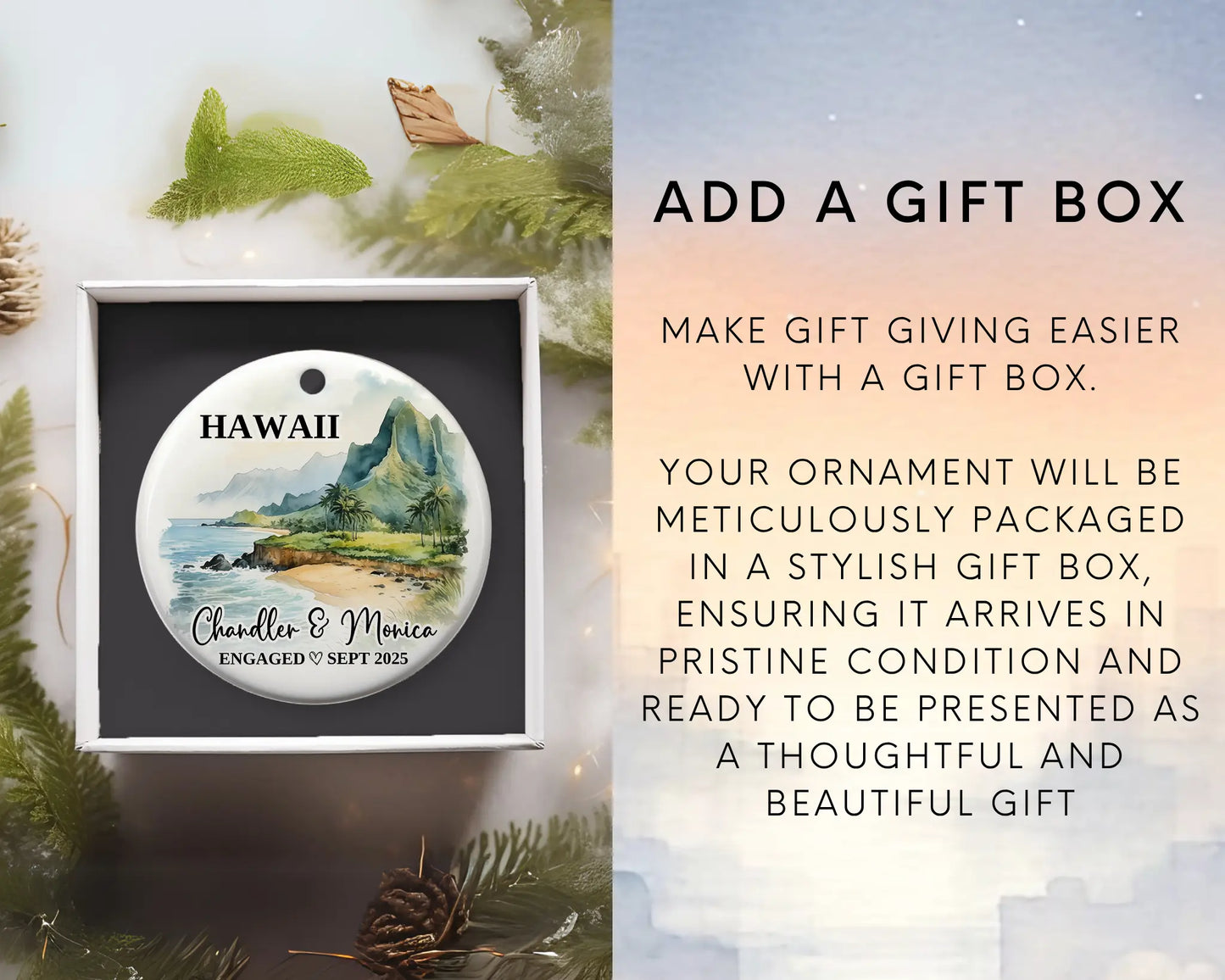 Hawaii Engagement Ornament Custom Gift Souvenir Bauble Present. Add gift box