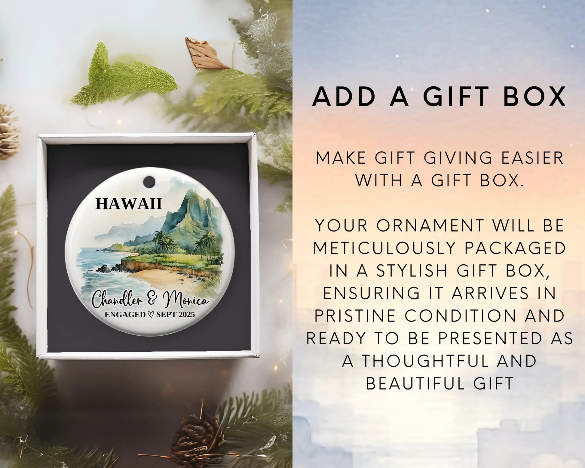 Hawaii Engagement Ornament Custom Gift Souvenir Bauble Present. Add gift box