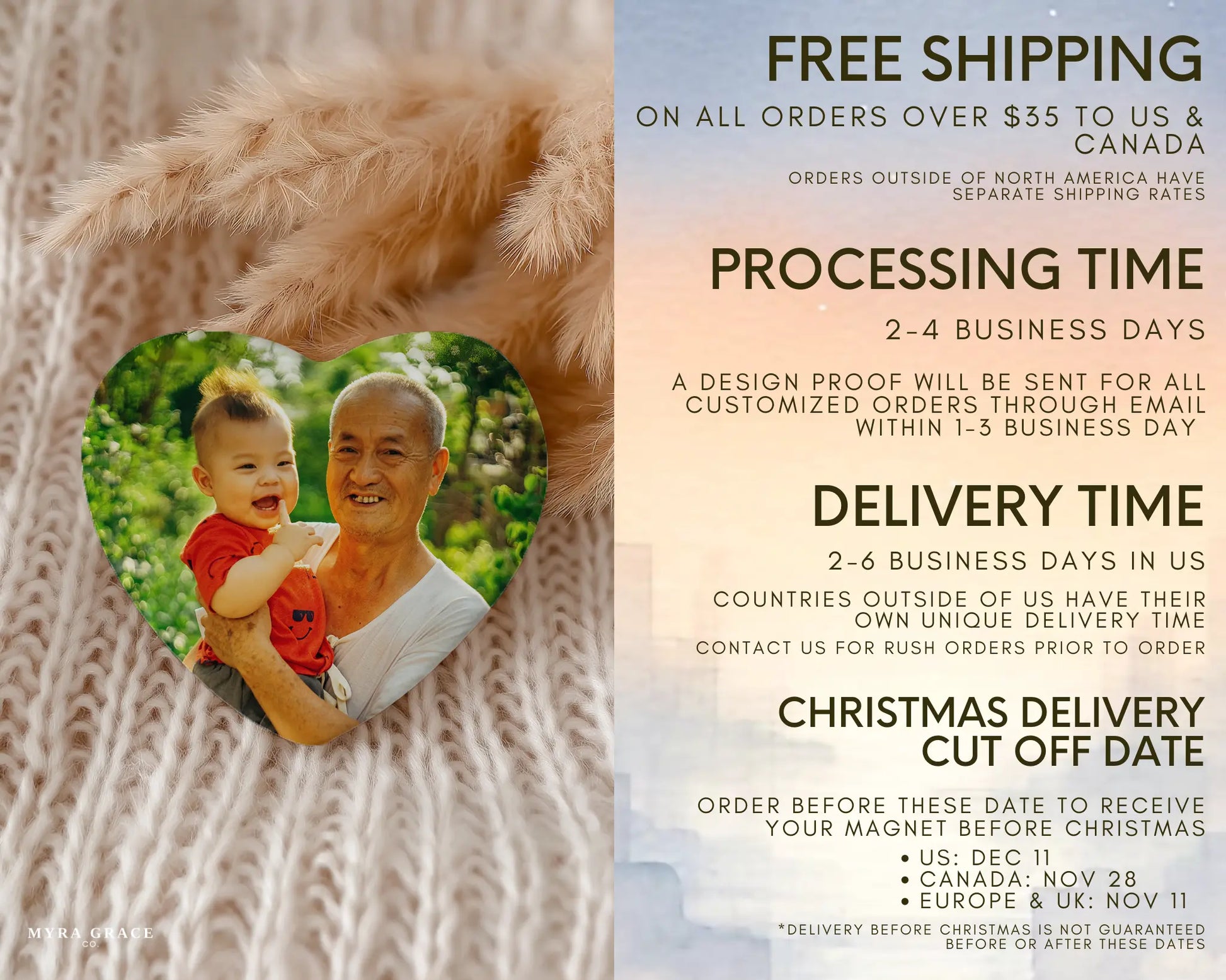 Heart-shaped custom grandpa ceramic photo magnet on fridge – handmade personalized gift or Christmas fridge magnet. Free shipping