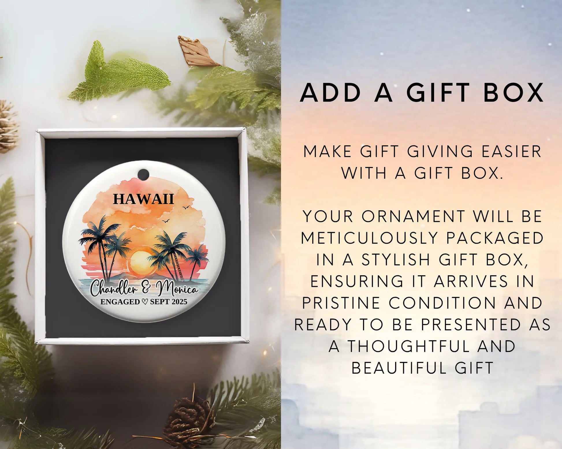 Hawaii Engagement Ornament Custom Gift Souvenir Bauble Present. Add gift box