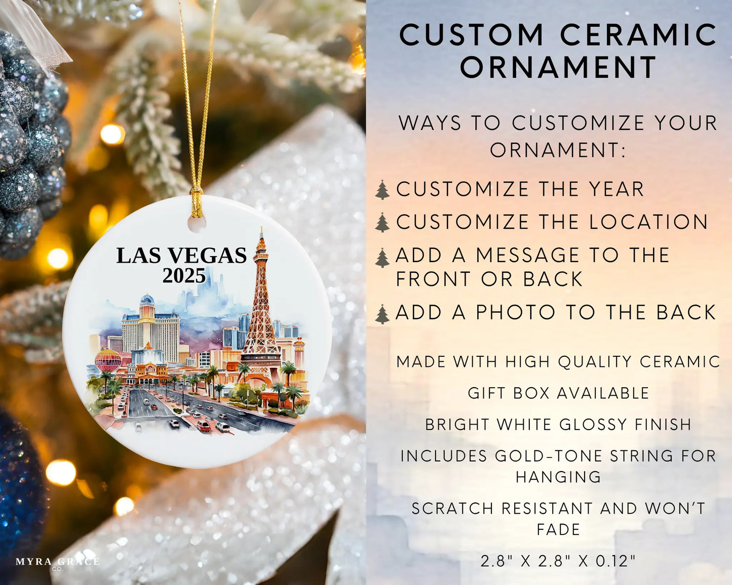Custom Las Vegas Nevada ceramic photo ornament with personalized message – handmade Christmas bauble, gift souvenir, or vacation keepsake.  Infographic