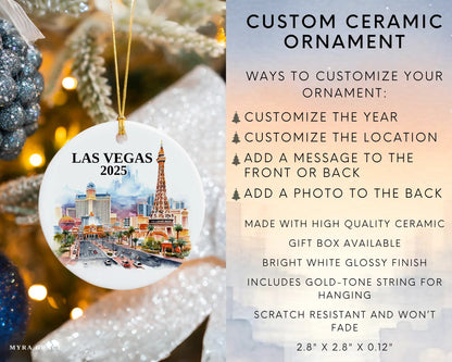 Custom Las Vegas Nevada ceramic photo ornament with personalized message – handmade Christmas bauble, gift souvenir, or vacation keepsake.  Infographic