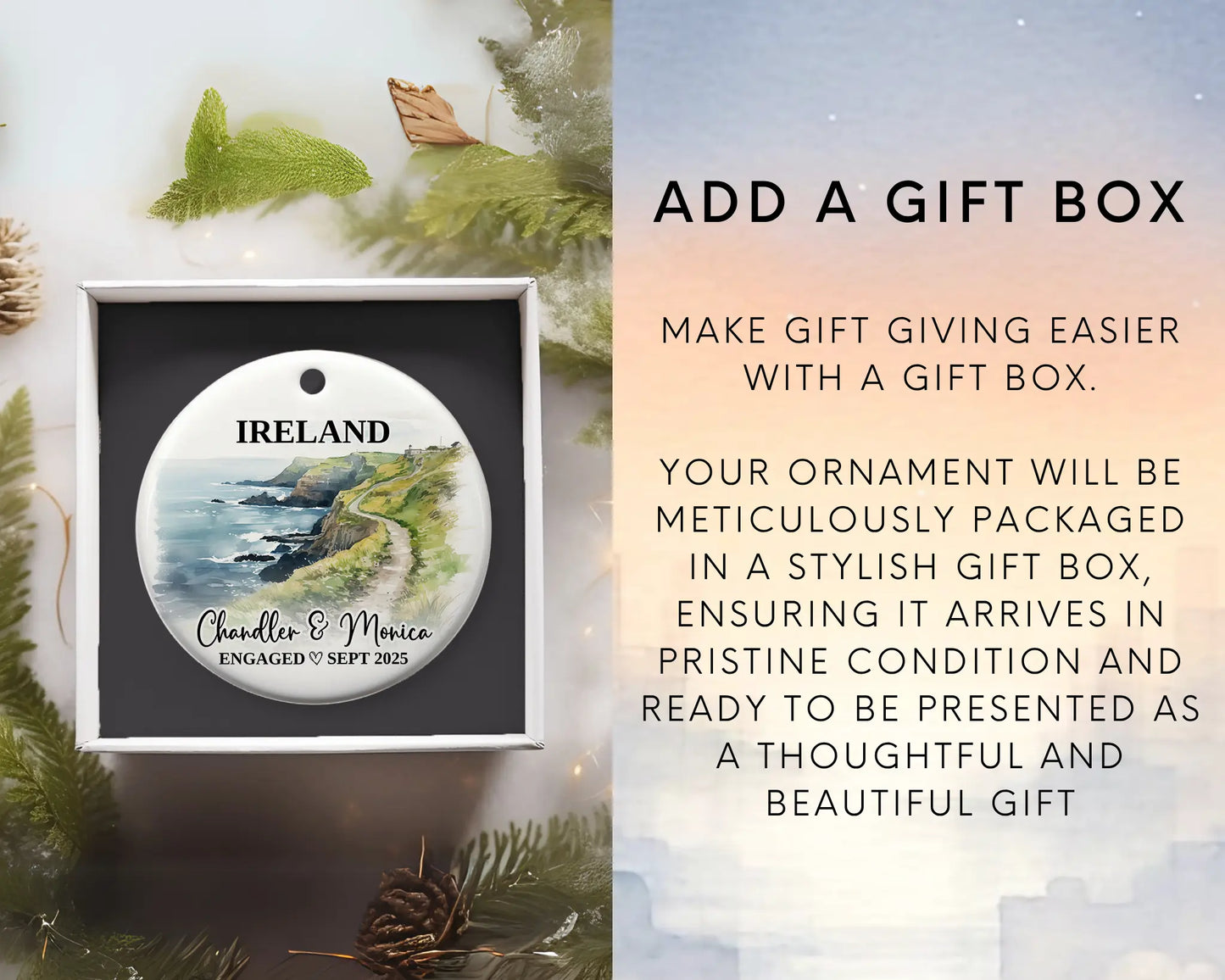 Ireland Engagement Ornament Custom Gift Souvenir Bauble Present. Add gift box
