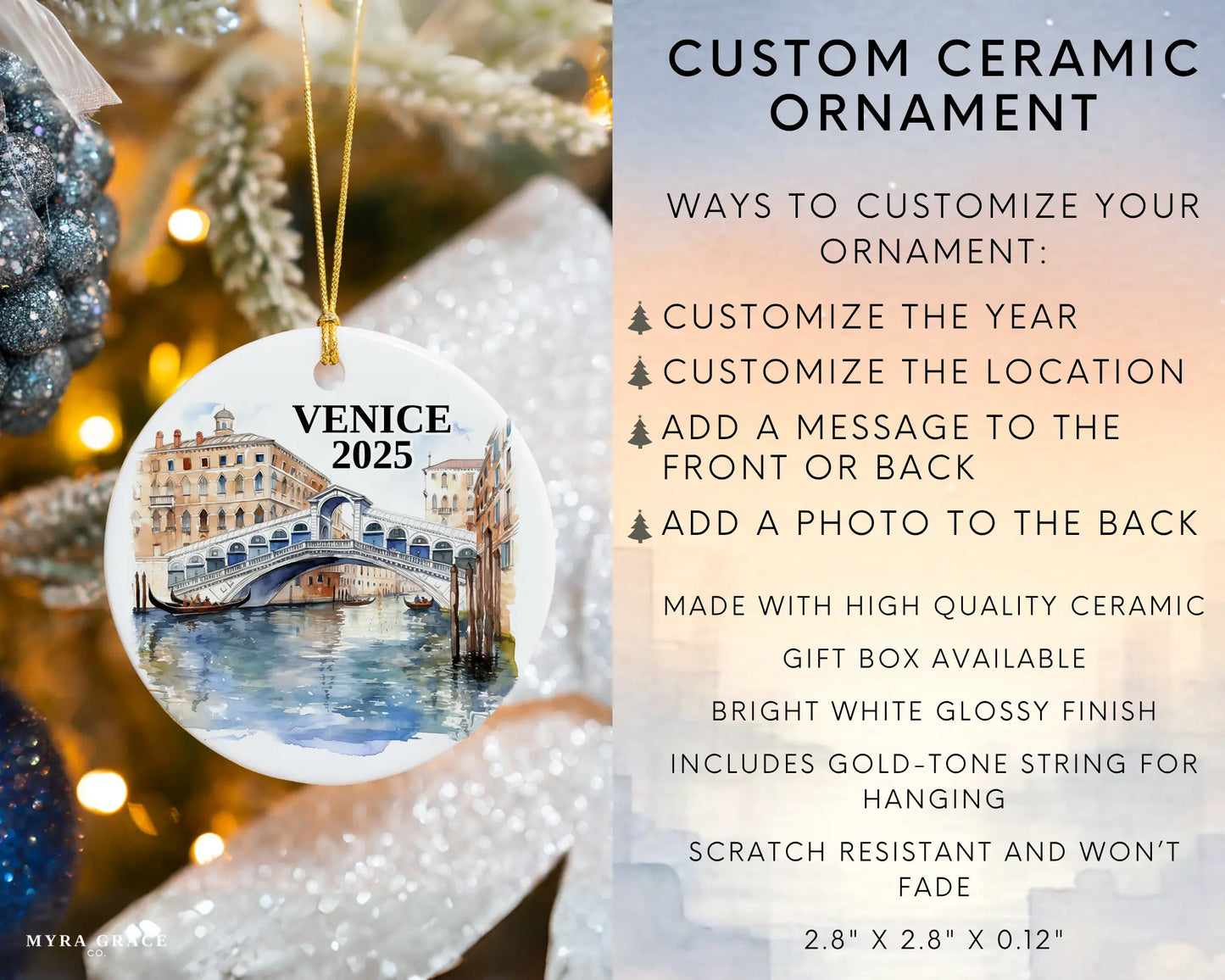 Custom Venice Italy ceramic photo ornament with personalized message – handmade Christmas bauble, gift souvenir, or vacation keepsake. Infographic