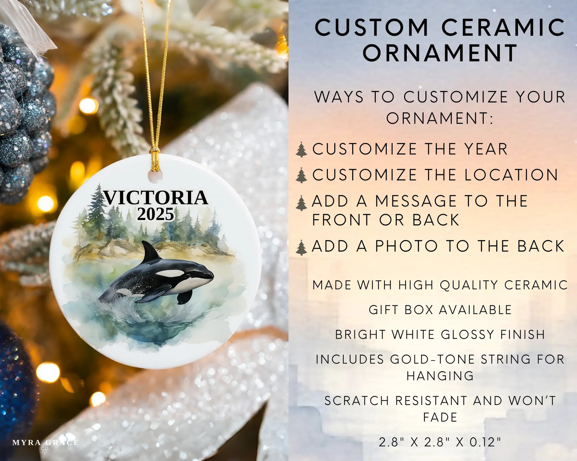 Custom Victoria Canada ceramic photo ornament with personalized message – handmade Christmas bauble, gift souvenir, or vacation keepsake. Infographic