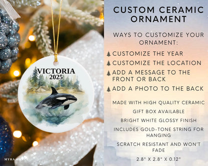 Custom Victoria Canada ceramic photo ornament with personalized message – handmade Christmas bauble, gift souvenir, or vacation keepsake. Infographic