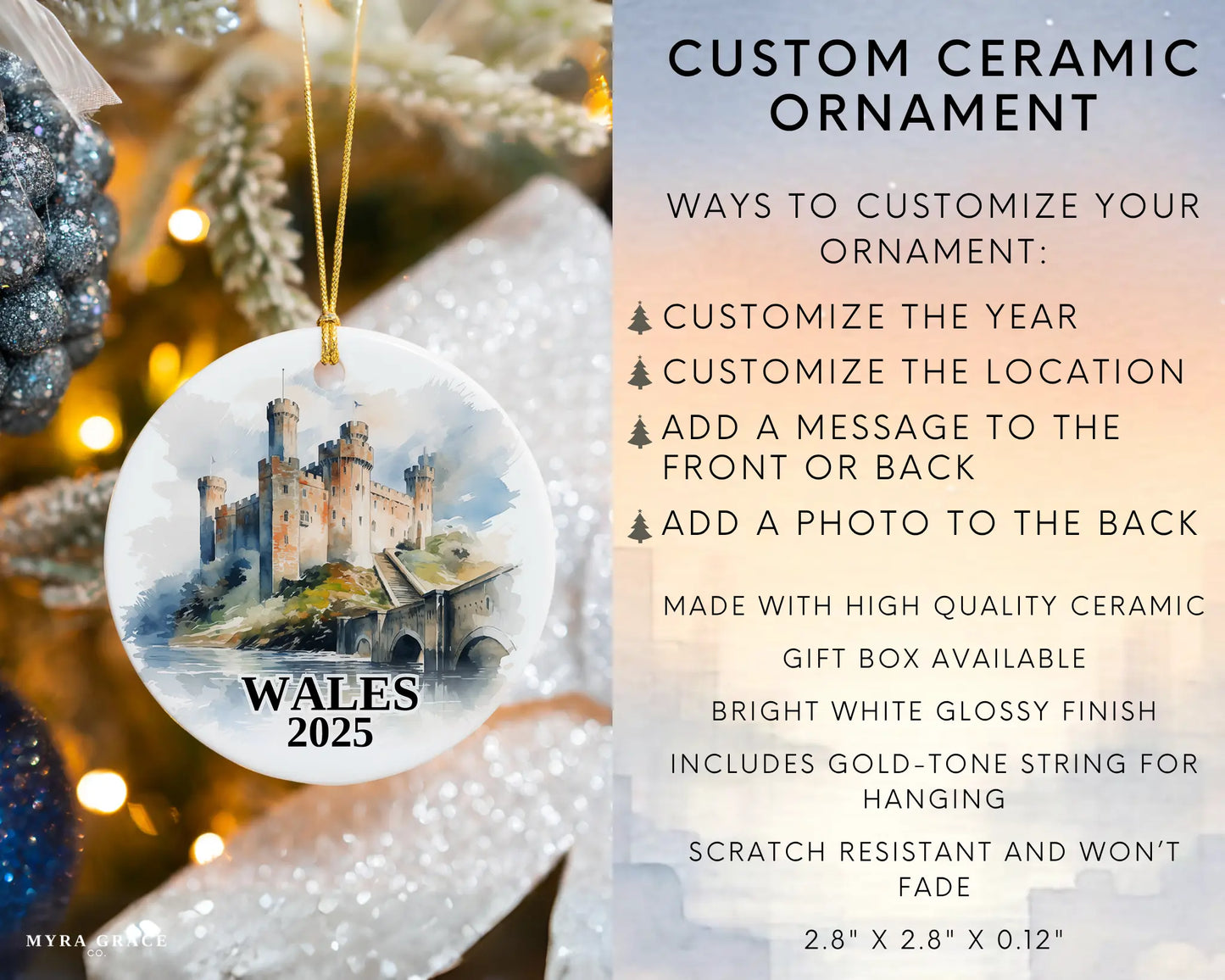 Custom Wales Cymru ceramic photo ornament with personalized message – handmade Christmas bauble, gift souvenir, or vacation keepsake. Infographic