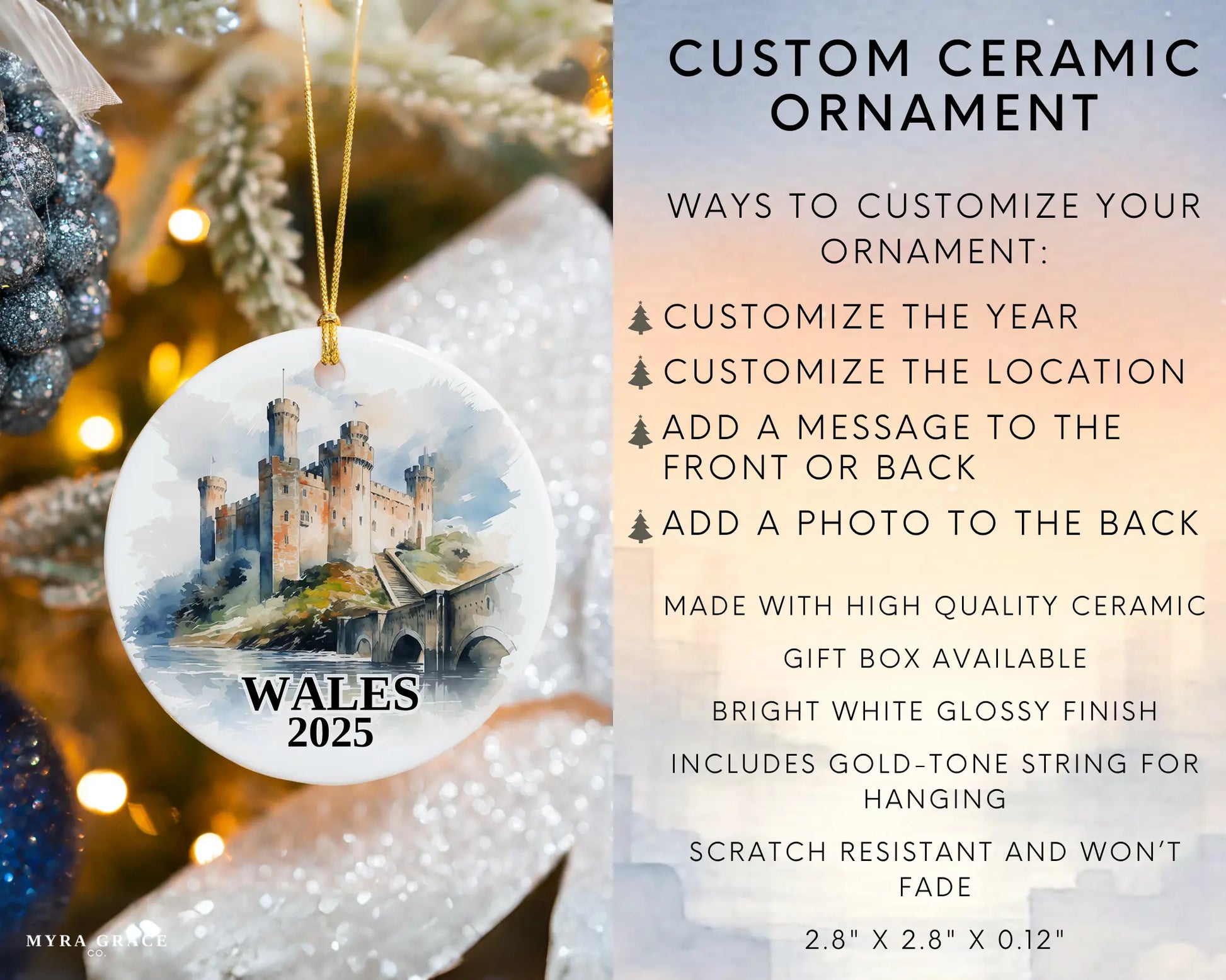 Custom Wales Cymru ceramic photo ornament with personalized message – handmade Christmas bauble, gift souvenir, or vacation keepsake. Infographic