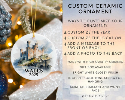 Custom Wales Cymru ceramic photo ornament with personalized message – handmade Christmas bauble, gift souvenir, or vacation keepsake. Infographic