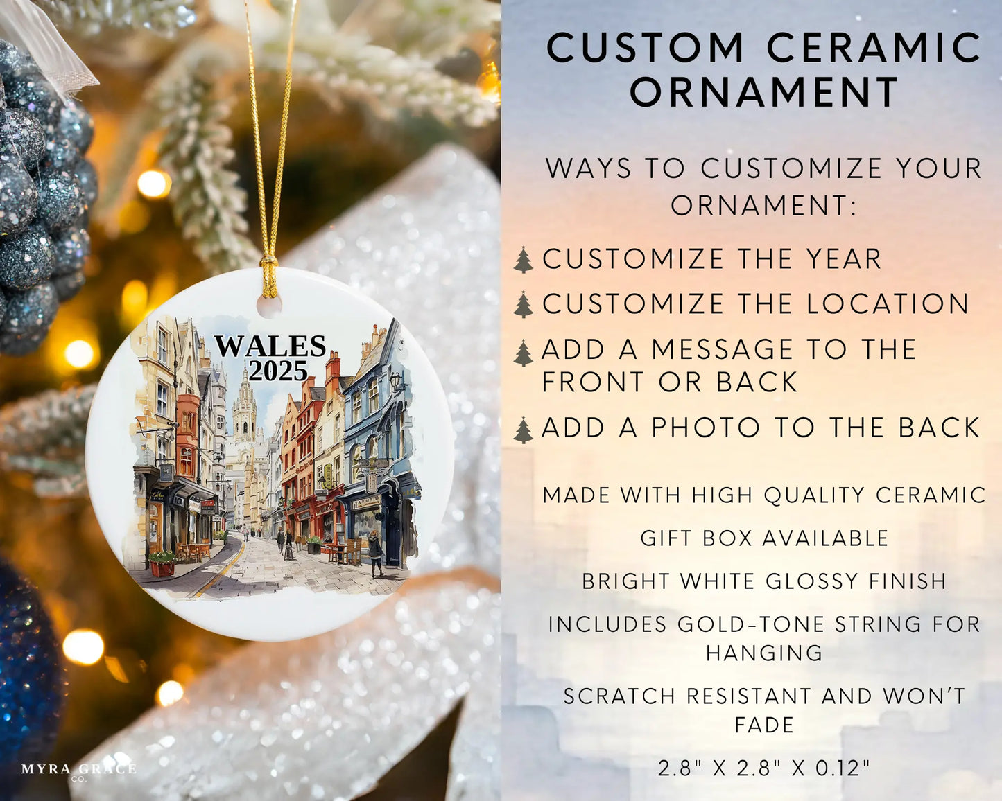 Custom Wales ceramic photo ornament with personalized message – handmade Christmas bauble, gift souvenir, or vacation keepsake. Infographic