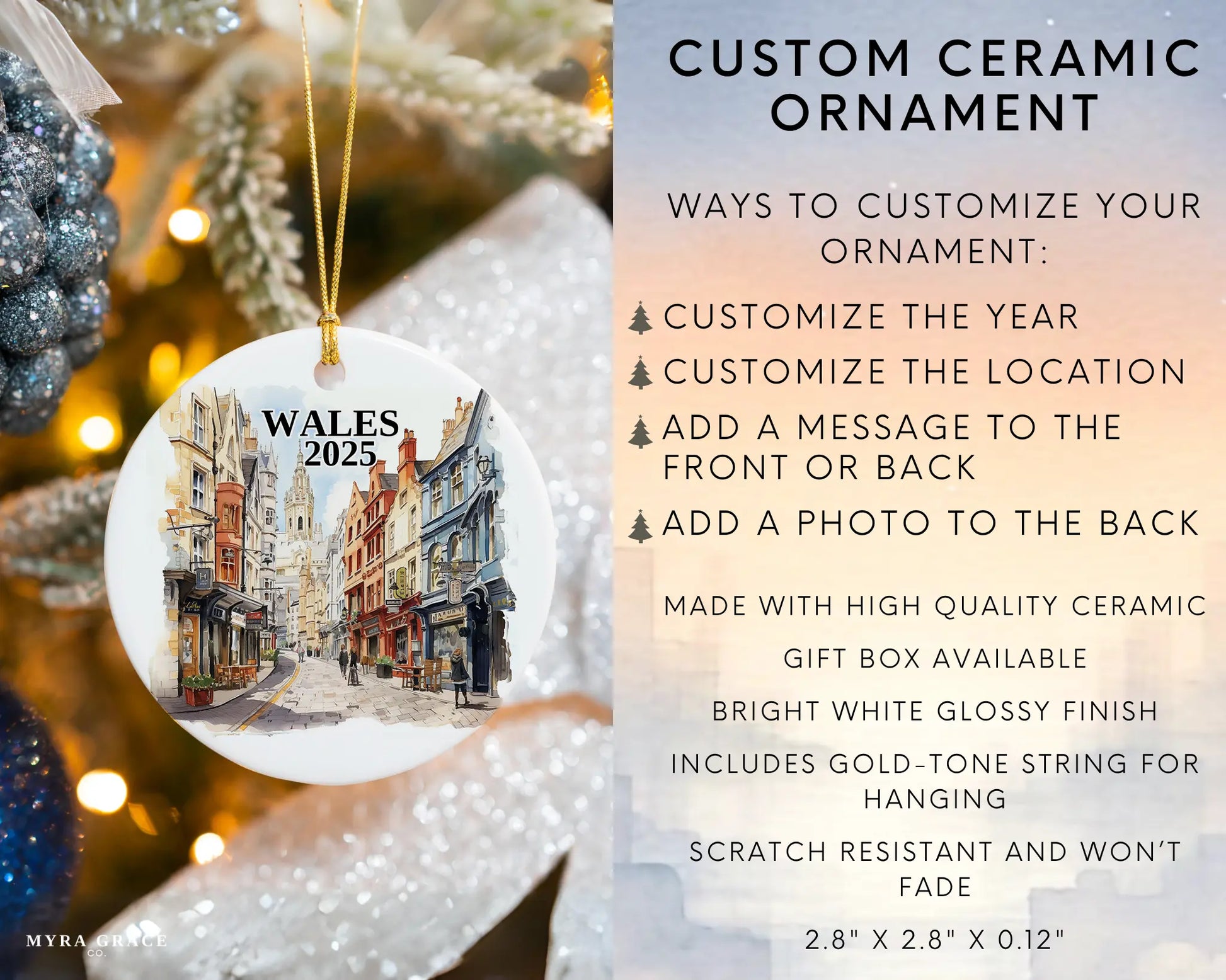 Custom Wales ceramic photo ornament with personalized message – handmade Christmas bauble, gift souvenir, or vacation keepsake. Infographic