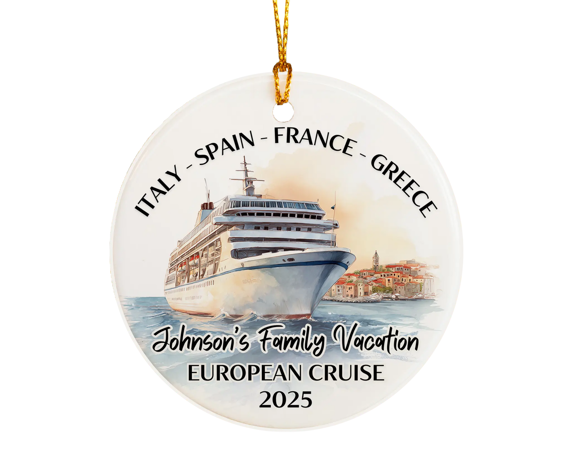 Handmade ceramic Europe cruise ornament with personalized location and photo – custom Christmas bauble or cruise vacation souvenir.