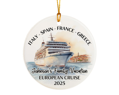 Handmade ceramic Europe cruise ornament with personalized location and photo – custom Christmas bauble or cruise vacation souvenir.