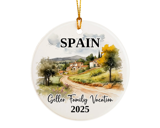 Custom vacation Spain ceramic photo ornament with personalized message – handmade Christmas bauble, gift souvenir, or vacation keepsake. 