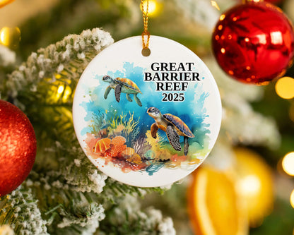 Custom Great Barrier Reef ceramic photo ornament with personalized message – handmade Christmas bauble, gift souvenir, or vacation keepsake.  