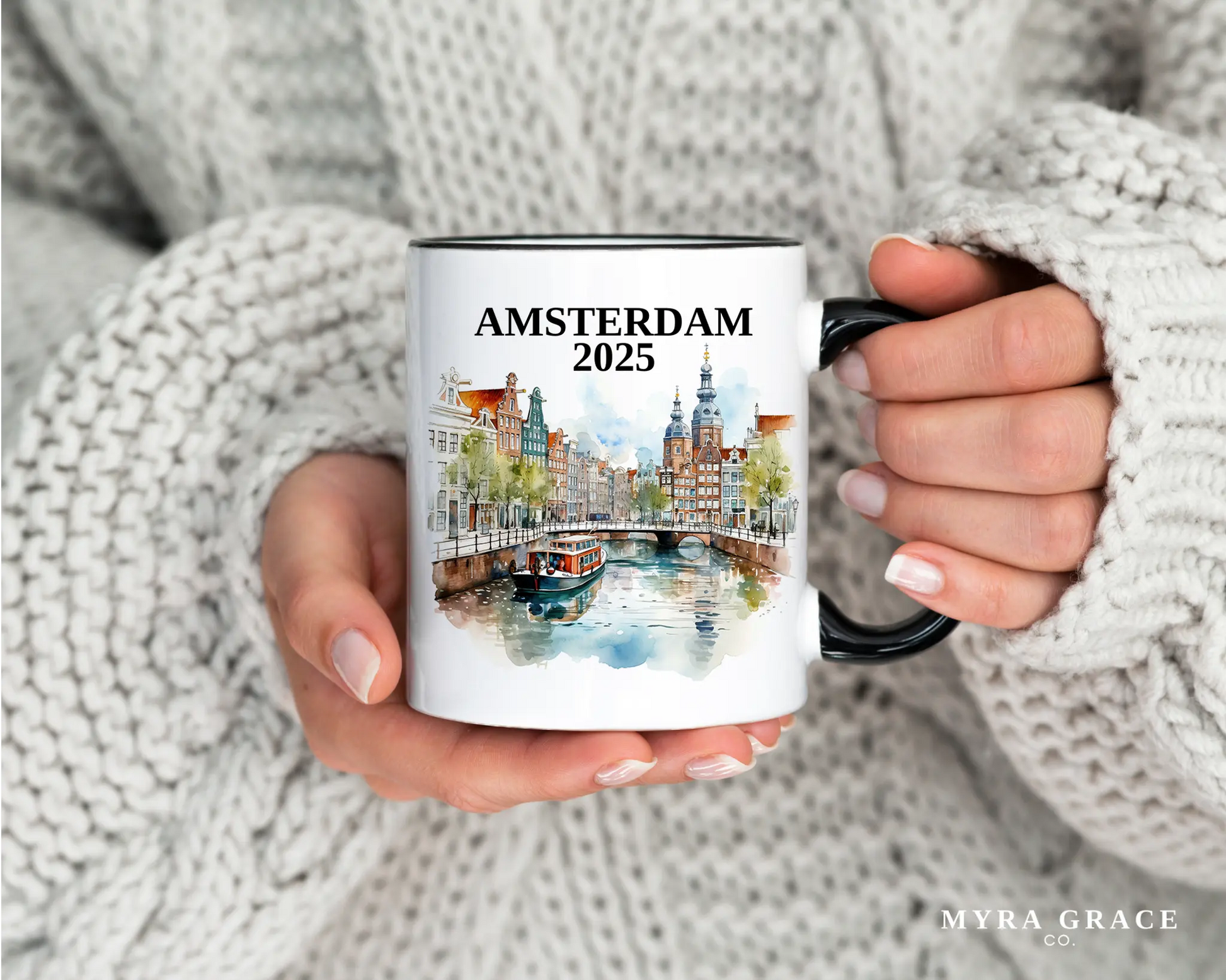 Custom ceramic Amsterdam vacation mug with watercolor location design, date, and personal photo – personalized travel gift or photo mug. 