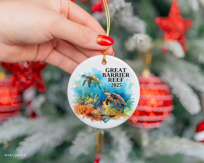Custom Great Barrier Reef ceramic photo ornament with personalized message – handmade Christmas bauble, gift souvenir, or vacation keepsake.  