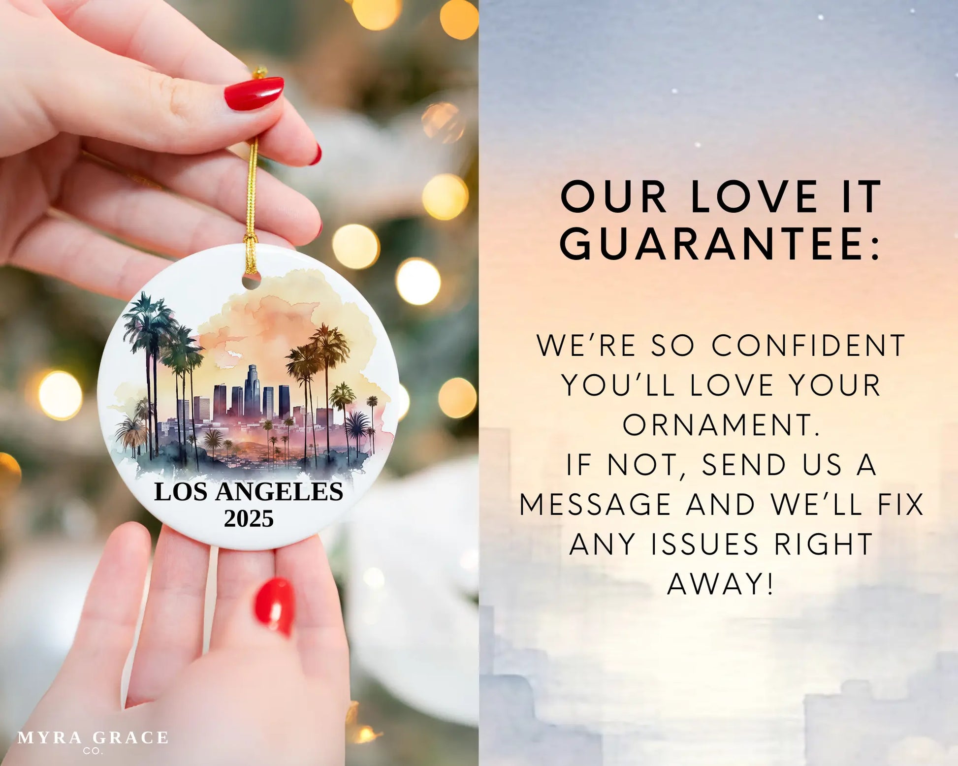 Custom Los Angeles California ceramic photo ornament with personalized message – handmade Christmas bauble, gift souvenir, or vacation keepsake.  Love it guarantee