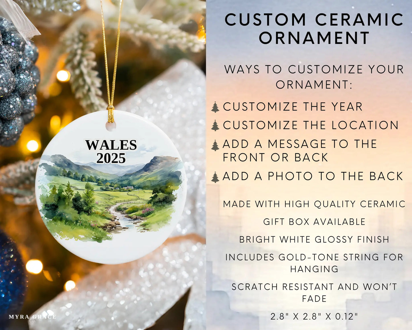 Custom Wales Cymru ceramic photo ornament with personalized message – handmade Christmas bauble, gift souvenir, or vacation keepsake. Infographic
