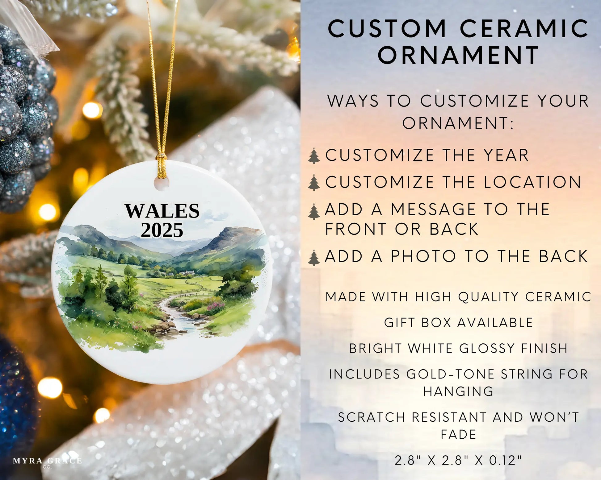 Custom Wales Cymru ceramic photo ornament with personalized message – handmade Christmas bauble, gift souvenir, or vacation keepsake. Infographic